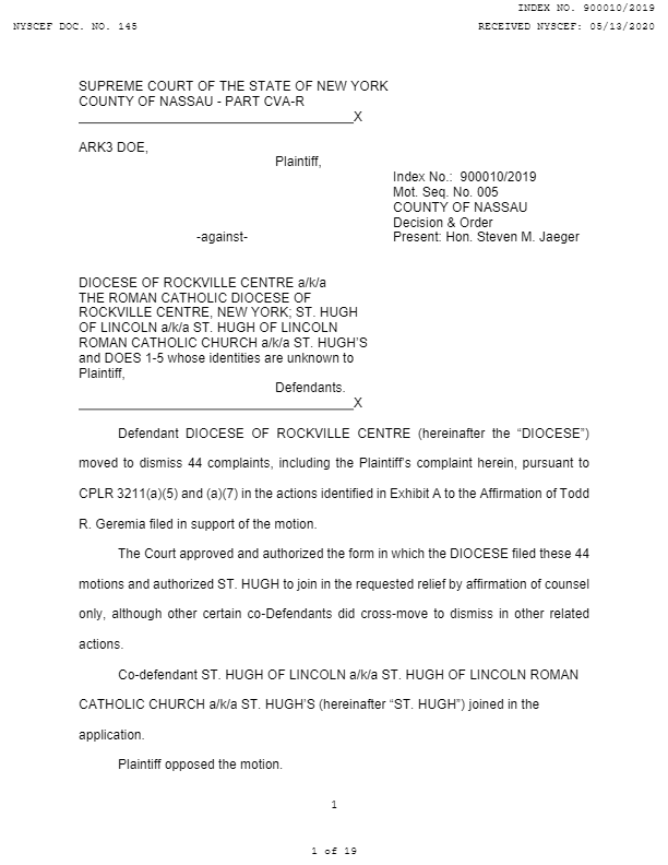 2020-05-13 -- NY Rockville -- Ark3 Order Denying Def's Mot to Dismiss-thumbnail « Marsh Law Firm