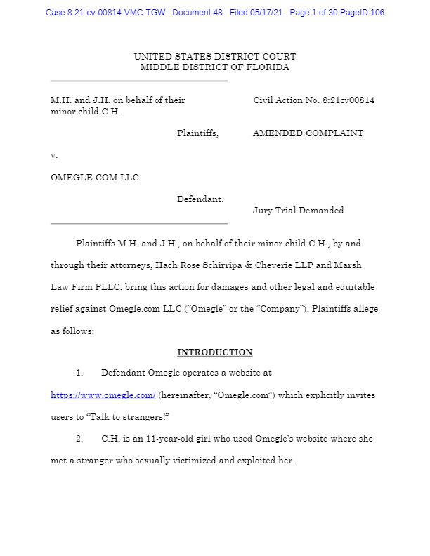 M.H and J.H. v. Omegle.com LLC-thumbnail « Marsh Law Firm